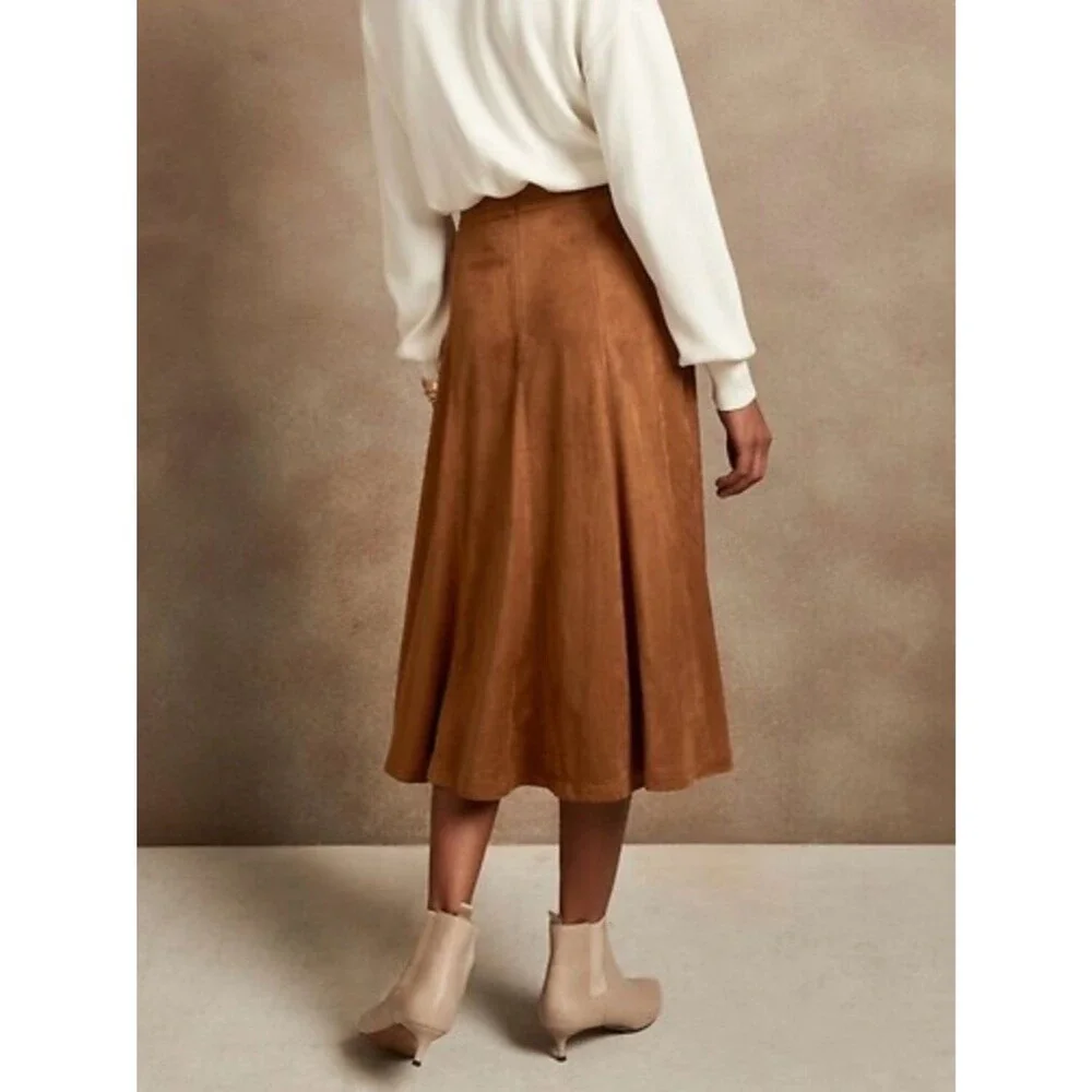 Banana Republic Vegan Suede Button-Front Midi Skirt Cognac Brown Size 20 Tall